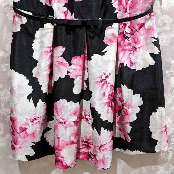 Floral Pleated Full Flare Dress 24 Shantung Bow Belt Pockets Retro Prom Party - Picture 2 of 7